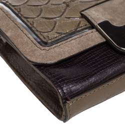 Pre Owned Diane von Furstenberg Black/Olive Green Suede and Python Embossed Leather Shoulder Bag