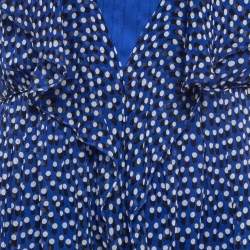 Pre Owned Diane Von Furstenberg Blue Printed Silk V Neck Ruffled Mini Dress XS