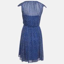 Pre Owned Diane Von Furstenberg Blue Printed Silk V Neck Ruffled Mini Dress XS