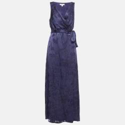 Pre Owned Diane Von Furstenberg Navy Blue Jacquard Maxi Wrap Dress L