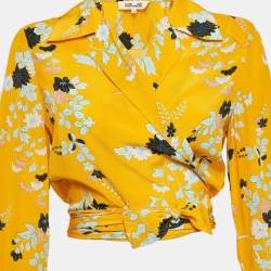 Pre Owned Diane Von Furstenberg Yellow Floral Print Silk Crop Wrap Shirt L