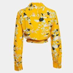 Pre Owned Diane Von Furstenberg Yellow Floral Print Silk Crop Wrap Shirt L