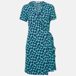 Pre Owned Diane Von Furstenberg Teal Blue Leopard Print Crepe Wrap Dress S 