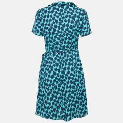 Pre Owned Diane Von Furstenberg Teal Blue Leopard Print Crepe Wrap Dress S 