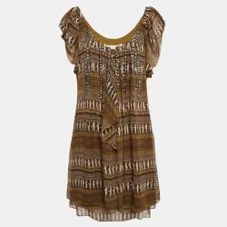 Pre Owned Diane Von Furstenberg Brown Printed Silk Neck Detail Mini Dress L