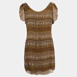 Pre Owned Diane Von Furstenberg Brown Printed Silk Neck Detail Mini Dress L