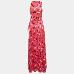 Pre Owned Diane Von Furstenberg Pink Eden Garden Print Jersey and Silk Davina Maxi Dress M