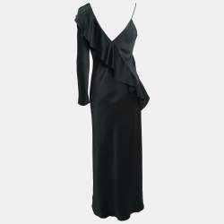 Pre Owned Diane Von Furstenberg Black Satin Ruffled One-Shoulder Long Dress M