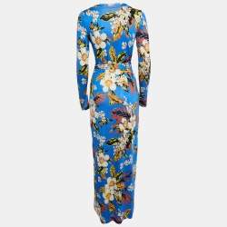 Pre Owned Diane Von Furstenberg Blue Floral Print Jersey Wrap Dress S