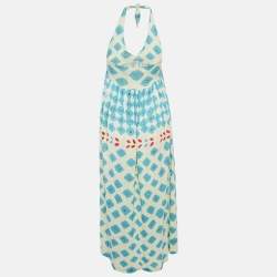 Pre Owned Diane Von Furstenberg Cream Printed Linen Blend Knit Halter Neck Franz Maxi Dress M