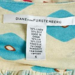 Pre Owned Diane Von Furstenberg Cream Printed Linen Blend Knit Halter Neck Franz Maxi Dress M
