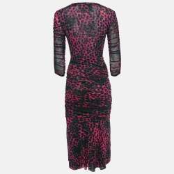 Pre Owned Diane Von Furstenberg Pink Leopard Print Stretch Mesh Ruched Midi Dress S