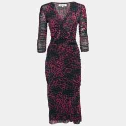 Pre Owned Diane Von Furstenberg Pink Leopard Print Stretch Mesh Ruched Midi Dress S