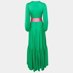 Pre Owned Diane Von Furstenberg Green Silk Belted Flounce Amabel Maxi Dress S