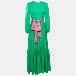 Pre Owned Diane Von Furstenberg Green Silk Belted Flounce Amabel Maxi Dress S