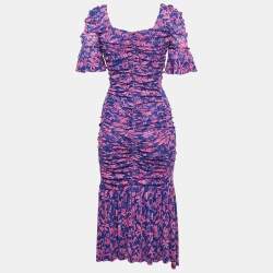 Pre Owned Diane Von Furstenberg Pink/Blue Floral Print Stretch Mesh Ruched Dress S