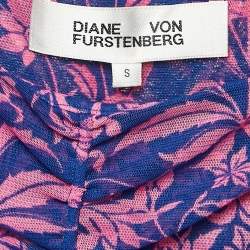 Pre Owned Diane Von Furstenberg Pink/Blue Floral Print Stretch Mesh Ruched Dress S