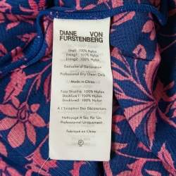 Pre Owned Diane Von Furstenberg Pink/Blue Floral Print Stretch Mesh Ruched Dress S