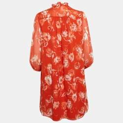 Pre Owned : Diane Von Furstenberg Orange Floral Print Silk Button-Front Ruffled Mini Dress M