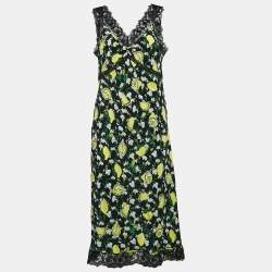 Pre Owned Diane Von Furstenberg Black Lemon Silk Sleeveless Midi Dress M