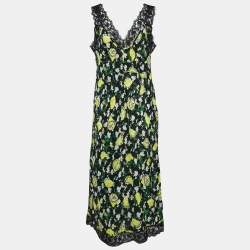Pre Owned Diane Von Furstenberg Black Lemon Silk Sleeveless Midi Dress M