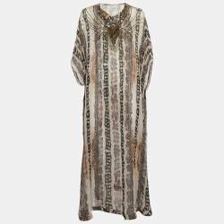 Diane von Furstenberg Grey Printed Silk Clare Beaded Sheer Maxi Kaftan L
