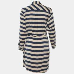 Pre Owned Diane Von Furstenberg Navy Blue Striped Stretch Silk Wrap Dress M