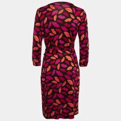 Pre Owned Diane Von Furstenberg Black Lips Print Silk Jersey Julian Wrap Dress M