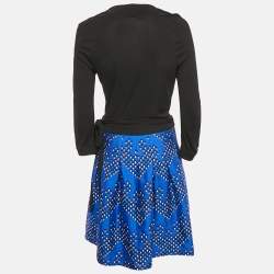 Pre Owned Diane Von Furstenberg Black/Blue Printed Wool Blend and Jersey Wrap Dress M