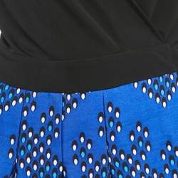 Pre Owned Diane Von Furstenberg Black/Blue Printed Wool Blend and Jersey Wrap Dress M