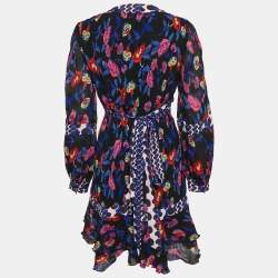 Pre Owned Diane Von Furstenberg Black Floral Print Textured Crepe Wrap Mini Dress S