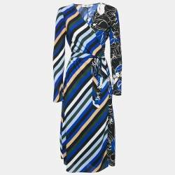 Pre Owned Diane Von Furstenberg Blue/Multicolor Printed Crepe Wrap Dress S