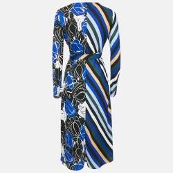 Pre Owned Diane Von Furstenberg Blue/Multicolor Printed Crepe Wrap Dress S