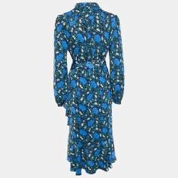 Pre Owned Diane Von Furstenberg Blue Floral Print Crepe Carla Wrap Dress L