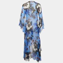 Pre Owned Diane Von Furstenberg Blue Abstract Print Silk Ruffled Cover-Up XXS