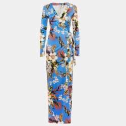 Pre Owned Diane Von Furstenberg Blue Floral Print Silk Jersey Maxi Wrap Dress S