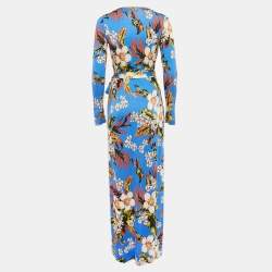 Pre Owned Diane Von Furstenberg Blue Floral Print Silk Jersey Maxi Wrap Dress S