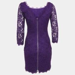 Pre Owned Diane Von Furstenberg Purple Lace Mini Zarita Dress M