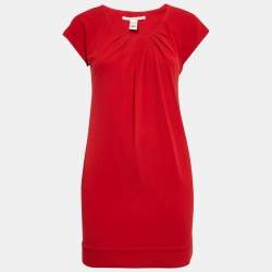 Pre Owned Diane Von Furstenberg Red Jersey Pleated Mini Dress XS