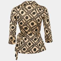 Pre Owned Diane von Furstenberg Beige/Black Printed Silk Jersey Jill Wrap Top XS