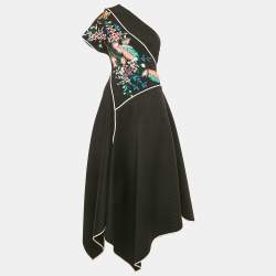 Diane Von Furstenberg Black Floral Embroidery Crepe and Jersey Asymmetric Midi Dress XS