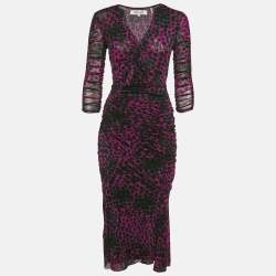 Diane Von Furstenberg Pink/Black Printed Stretch Mesh Ruche Detail Midi Dress S