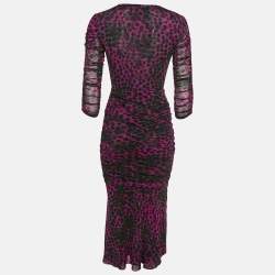 Diane Von Furstenberg Pink/Black Printed Stretch Mesh Ruche Detail Midi Dress S