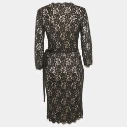Pre Owned Diane von Furstenberg Black Floral Lace Julianna Wrap Dress L