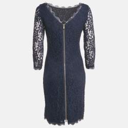Pre Owned Diane Von Furstenberg Navy Blue Lace Short Zarita Dress M