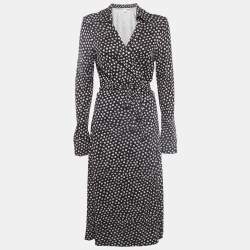 Pre Owned Diane Von Furstenberg Navy Blue Dot Print Silk Knit Wrap Dress XL