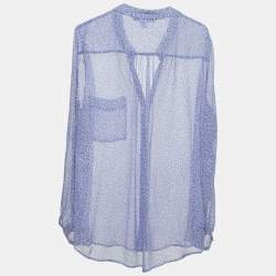 Pre Owned Diane Von Furstenberg Blue Printed Sheer Silk Button Front Gilmore Blouse XL