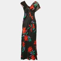 Pre Owned Diane Von Furstenberg Black Floral Print Satin Asymmetric Sleeveless Maxi Dress M