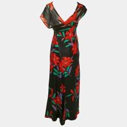 Pre Owned Diane Von Furstenberg Black Floral Print Satin Asymmetric Sleeveless Maxi Dress M