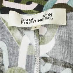 Pre Owned Diane Von Furstenberg Multicolor Chain Print Jersey Button Front Belted Dress M